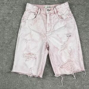 Free People We The Free Womens 24 Pink Distressed Denim Bermuda Jort Shorts